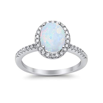 Accent Halo Wedding Ring Lab Created White Opal 925 Sterling Silver